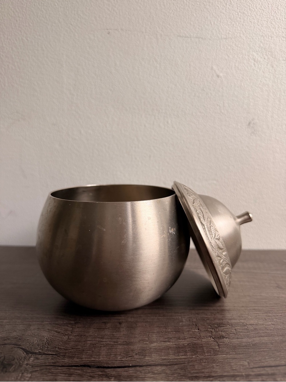 Vintage pewter Embossed Metal Lidded Jar in Brushed - Picture 2 of 6